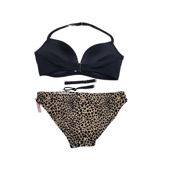 Victoria Secret Black Bikini Top NWOT 36D Bottom Animal Print L NWT - Picture 2 of 6